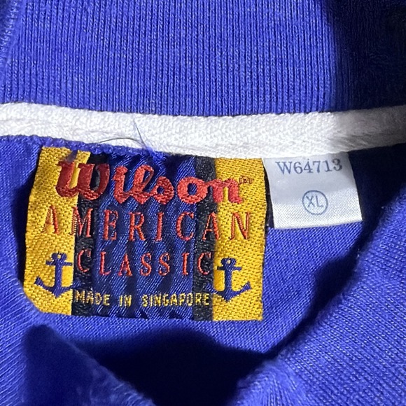 Vintage Wilson American Classic Striped Tee XL Blue Yellow 90s Made in Singapore - Picture 2 of 10